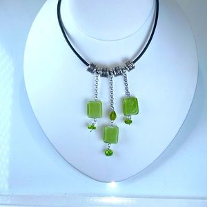 Handmade Black Leather Art Glass Bead Tassel Necklace